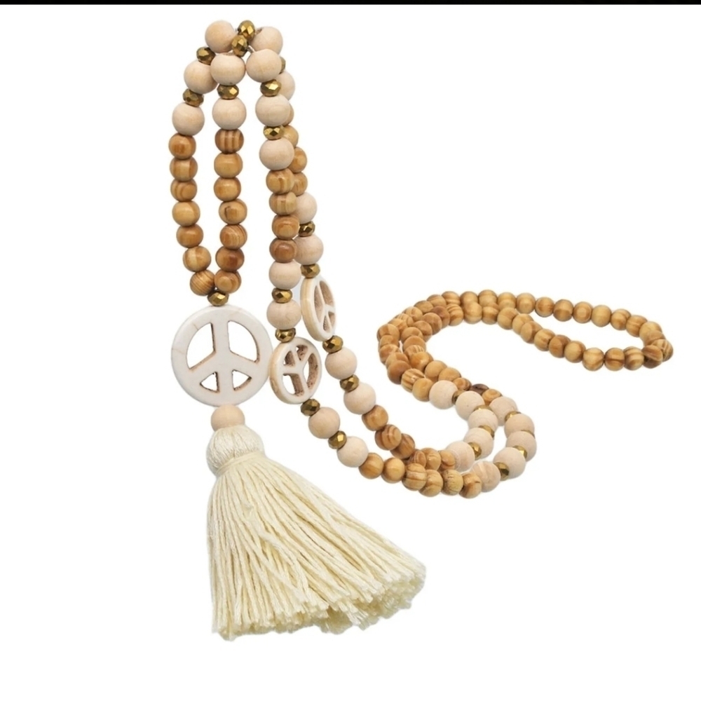 Peace Sign Tassel Wood Beaded Handmade Long Necklace - Picture 7 of 14